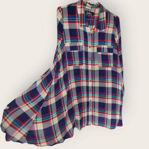 LULUS Womens Tunic Sz Medium Red‎ Blue Plaid Long Sleeve Flared Shirt Dress Prep - Picture 3 of 13